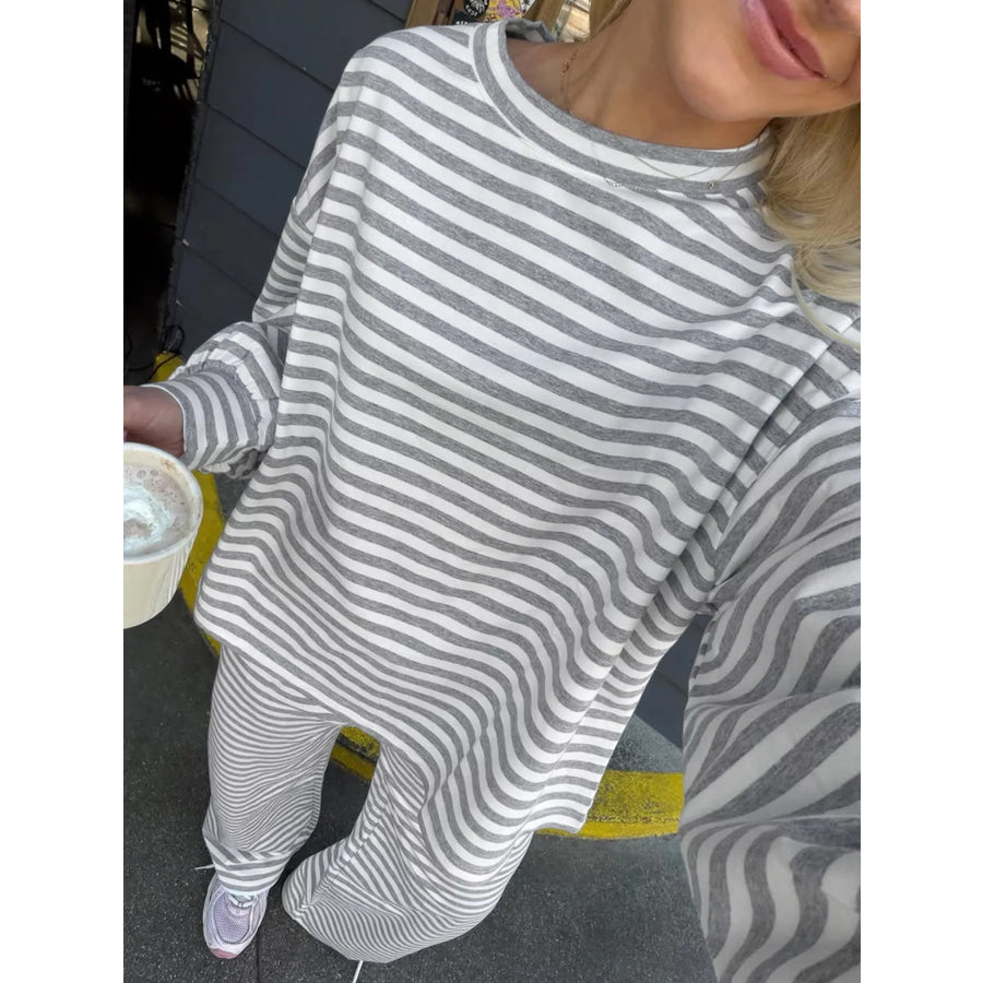 Striped Round Neck Top and Pants Set Gray / S Apparel and Accessories