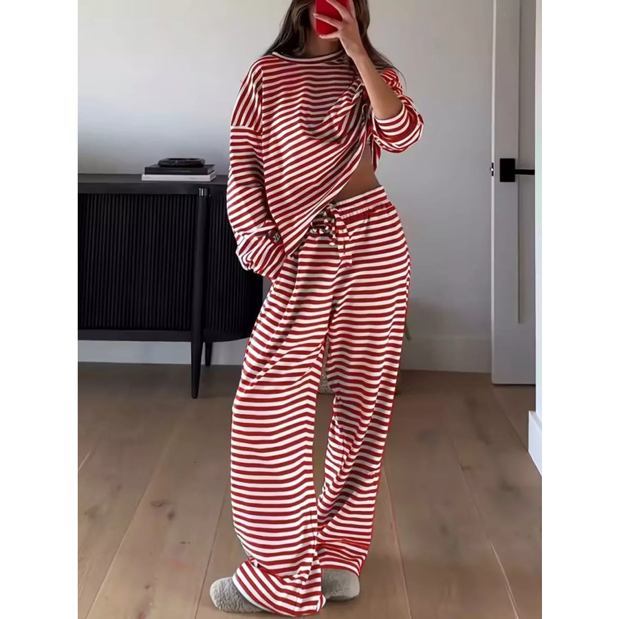 Striped Round Neck Top and Pants Set Scarlet / S Apparel and Accessories