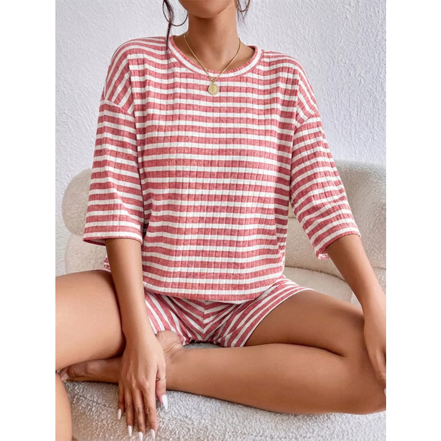 Striped Round Neck Top and Shorts Set Apparel Accessories