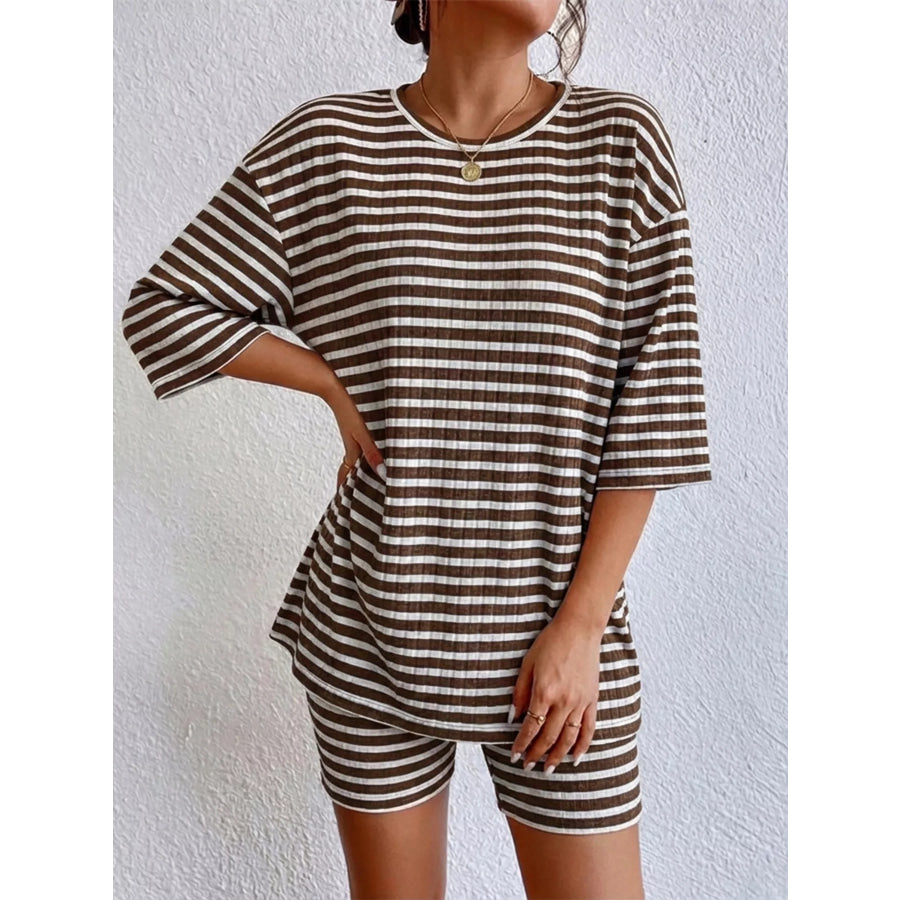 Striped Round Neck Top and Shorts Set Apparel Accessories