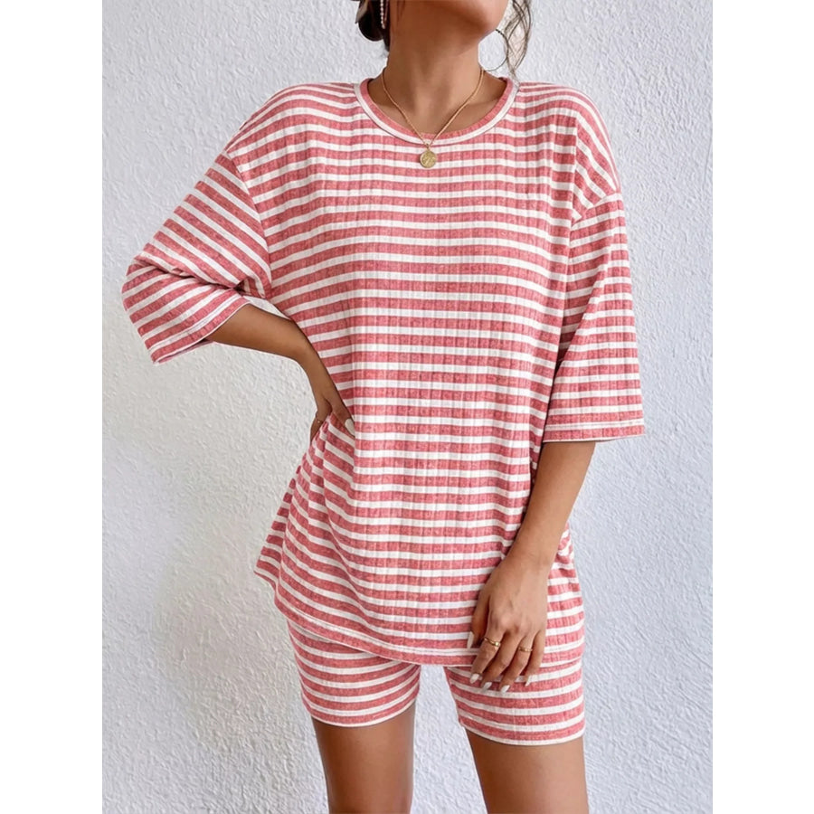 Striped Round Neck Top and Shorts Set Apparel Accessories