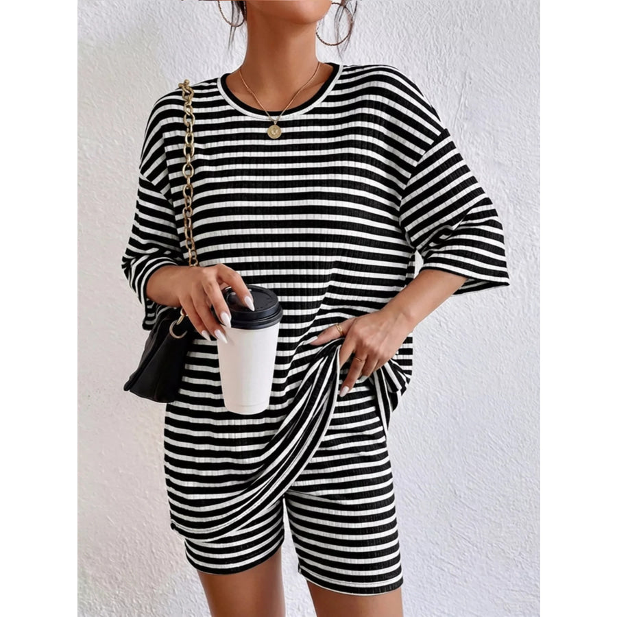 Striped Round Neck Top and Shorts Set Apparel Accessories