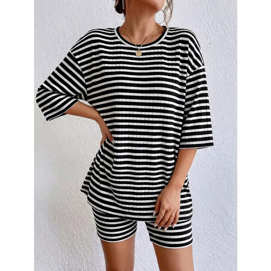 Striped Round Neck Top and Shorts Set Apparel Accessories