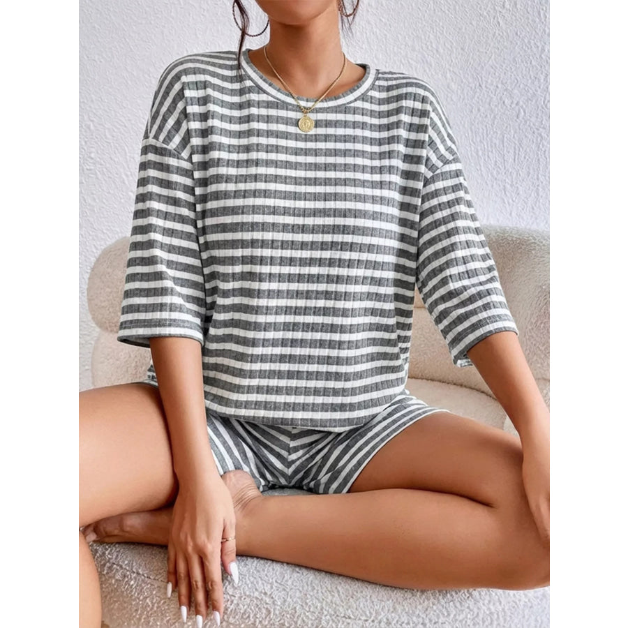 Striped Round Neck Top and Shorts Set Apparel Accessories