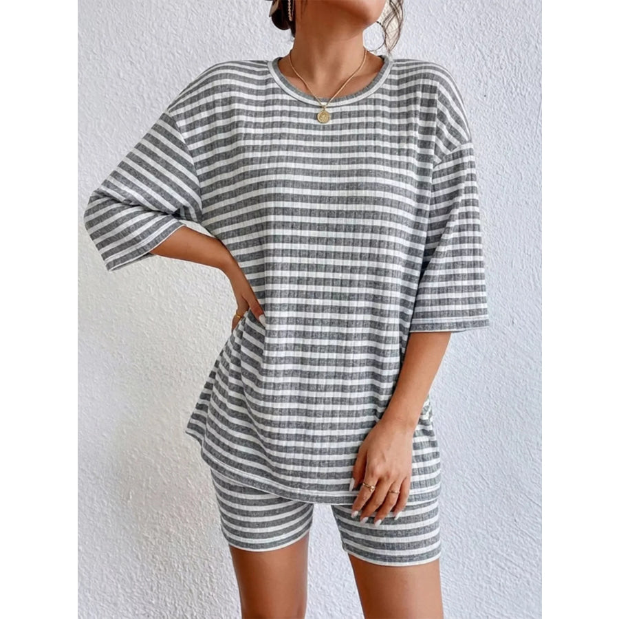 Striped Round Neck Top and Shorts Set Apparel Accessories