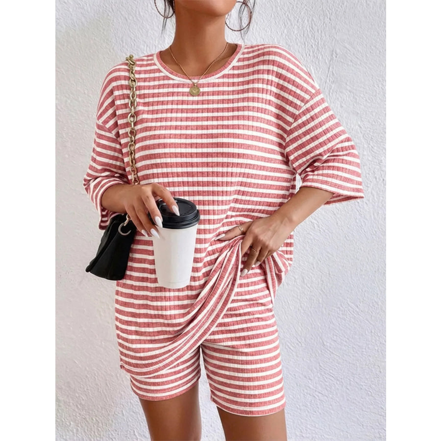 Striped Round Neck Top and Shorts Set Apparel Accessories