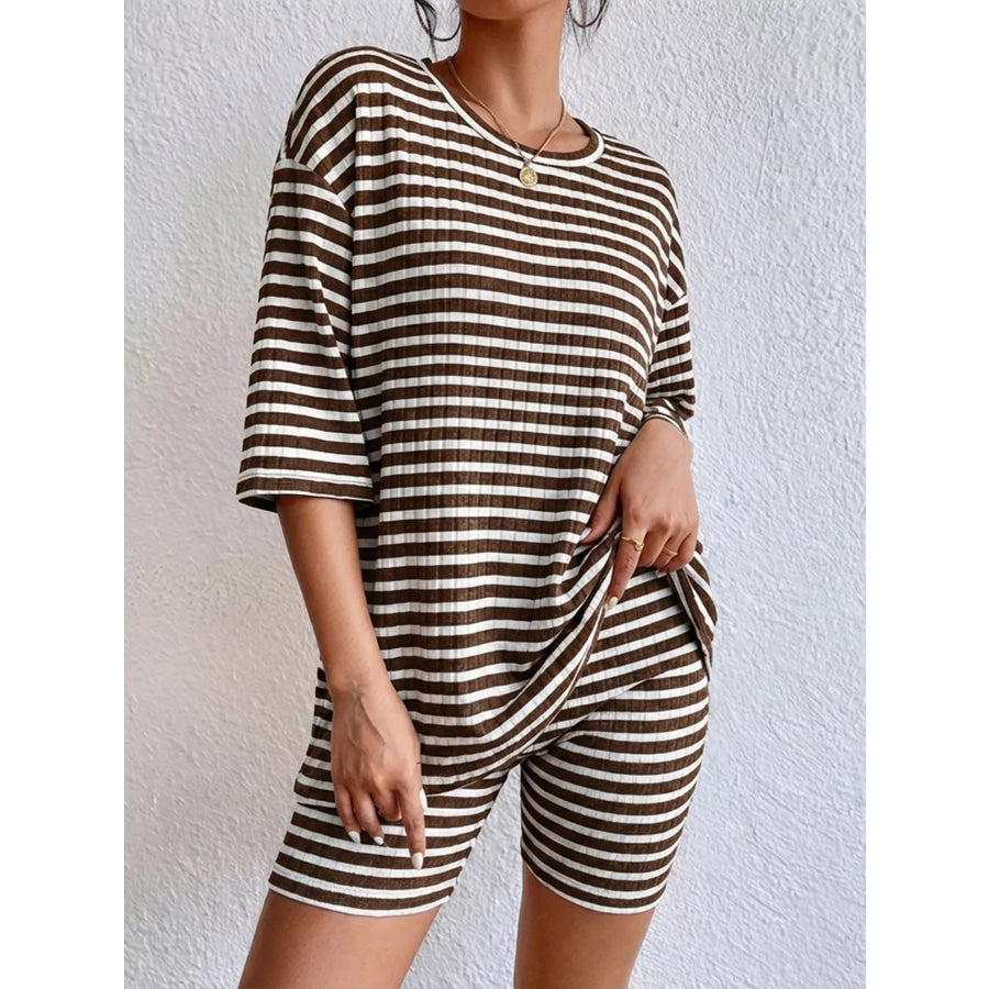 Striped Round Neck Top and Shorts Set Apparel Accessories