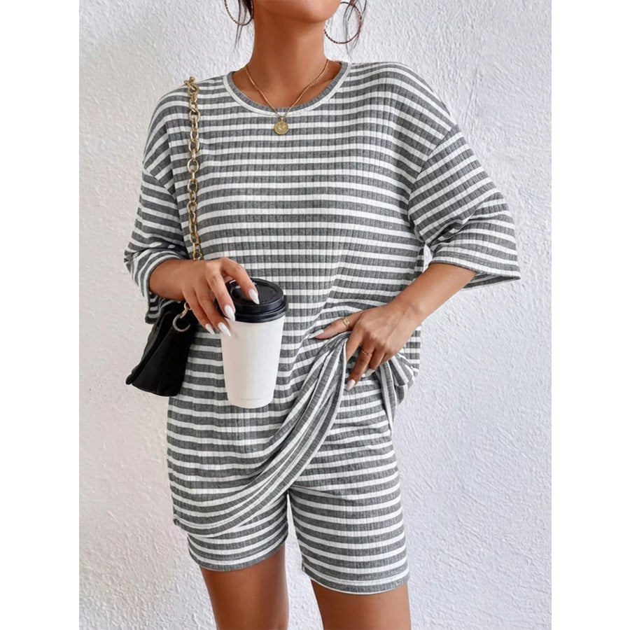 Striped Round Neck Top and Shorts Set Apparel Accessories