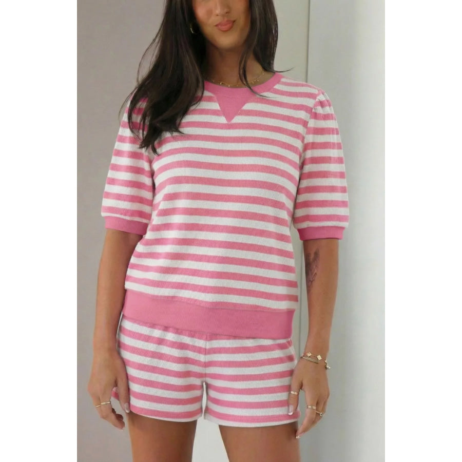 Striped Round Neck Top and Shorts Set Apparel Accessories