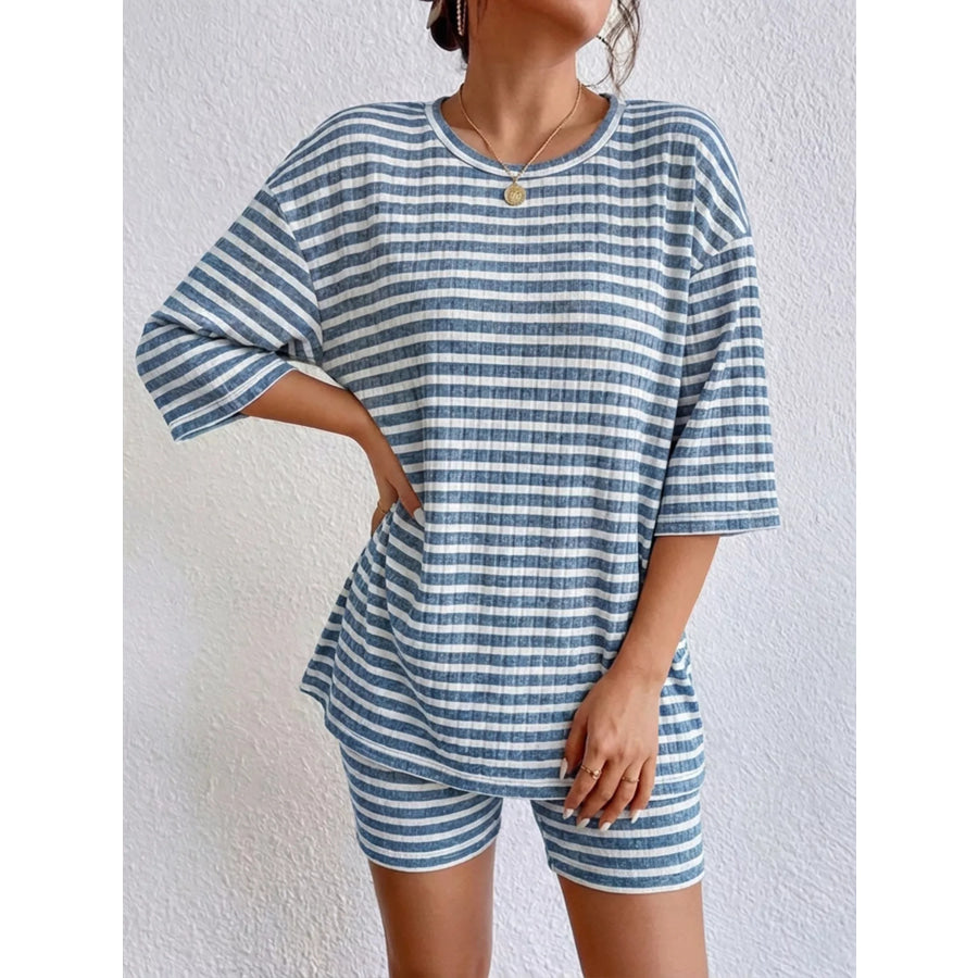 Striped Round Neck Top and Shorts Set Apparel Accessories