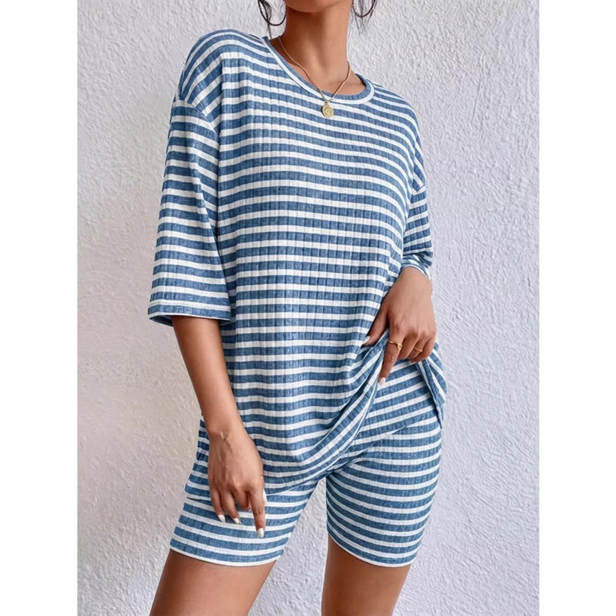Striped Round Neck Top and Shorts Set Apparel Accessories