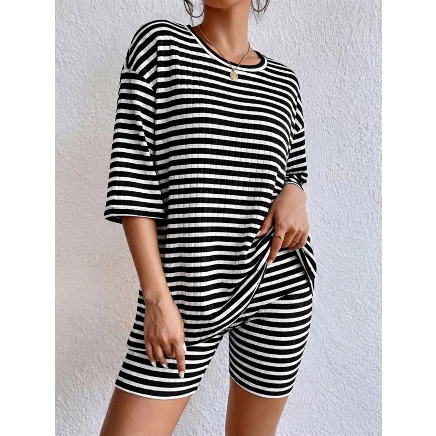 Striped Round Neck Top and Shorts Set Black Stripes / S Apparel Accessories