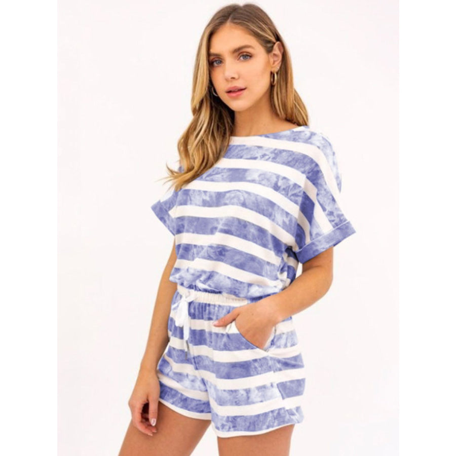 Striped Round Neck Top and Shorts Set Blue Purple / S Apparel and Accessories