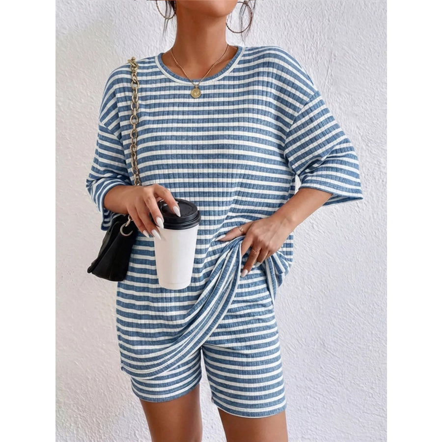 Striped Round Neck Top and Shorts Set Blue Stripes / S Apparel Accessories