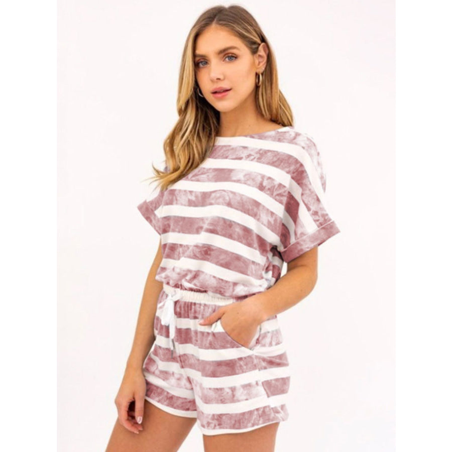 Striped Round Neck Top and Shorts Set Brick-Red / S Apparel and Accessories