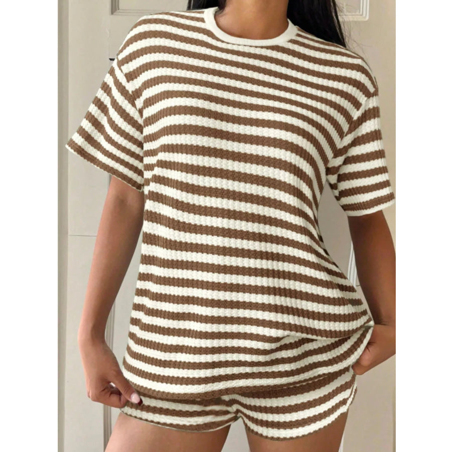 Striped Round Neck Top and Shorts Set Brown / S Apparel and Accessories