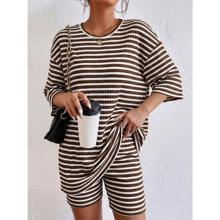 Striped Round Neck Top and Shorts Set Coffee Stripes / S Apparel Accessories