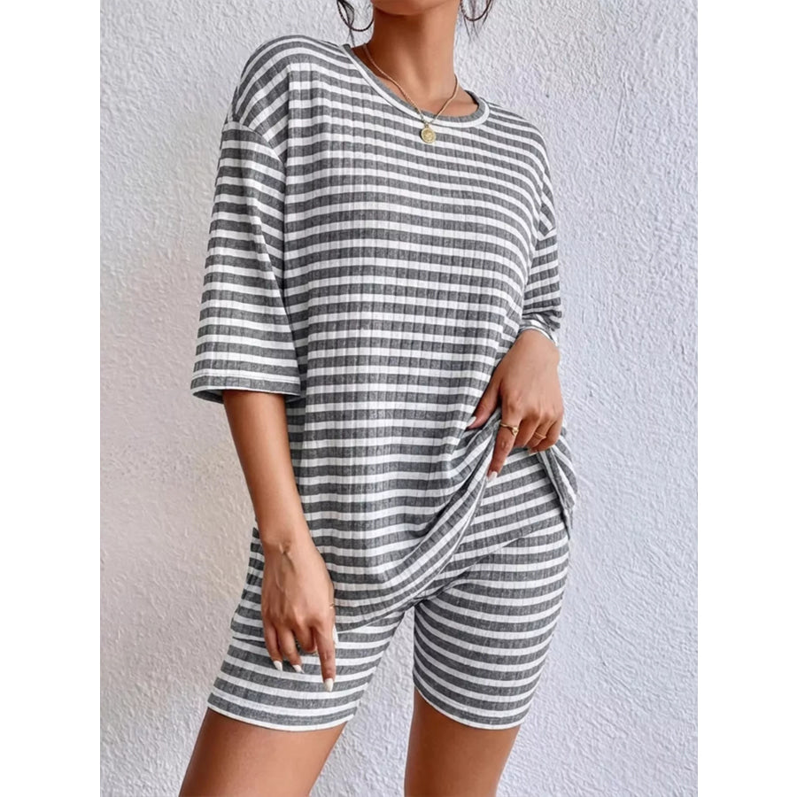 Striped Round Neck Top and Shorts Set Gray Stripes / S Apparel Accessories