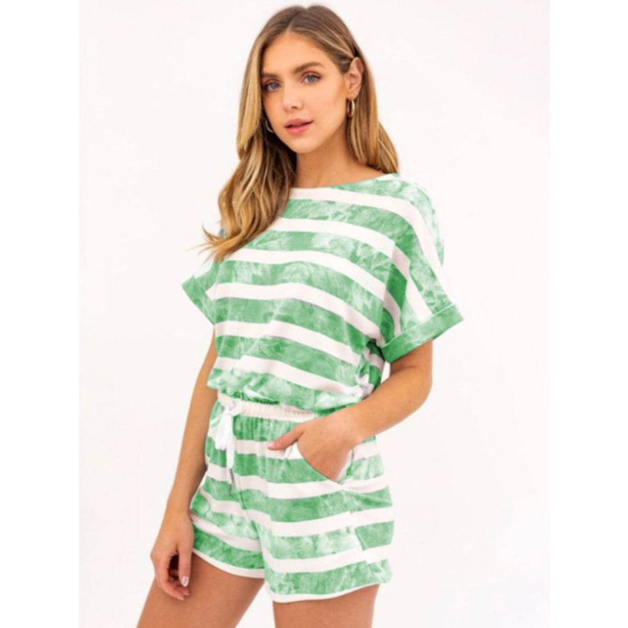 Striped Round Neck Top and Shorts Set Green / S Apparel and Accessories