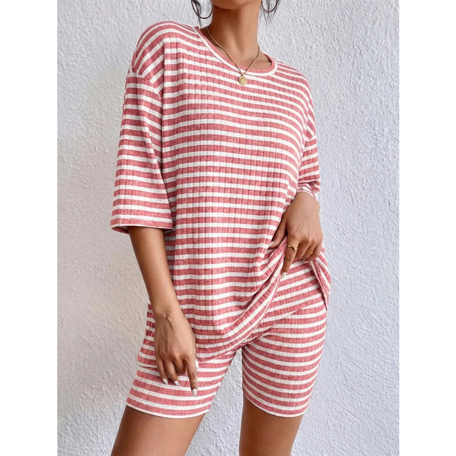 Striped Round Neck Top and Shorts Set Pink / S Apparel Accessories