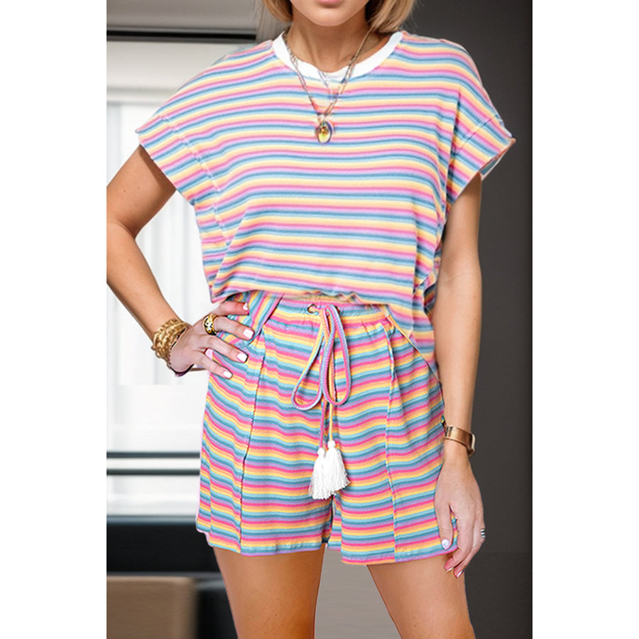 Striped Round Neck Top and Shorts Set Stripe / S Apparel and Accessories