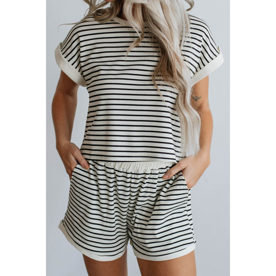 Striped Round Neck Top and Shorts Set Stripe / S Apparel and Accessories