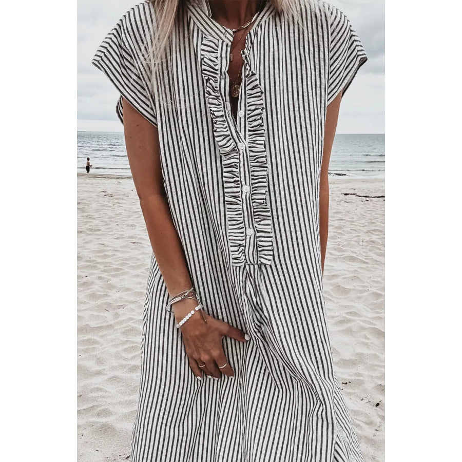 Striped Ruffle Button Front Maxi Dress Apparel and Accessories