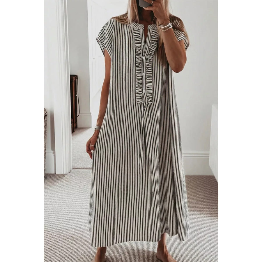 Striped Ruffle Button Front Maxi Dress Stripe / S Apparel and Accessories