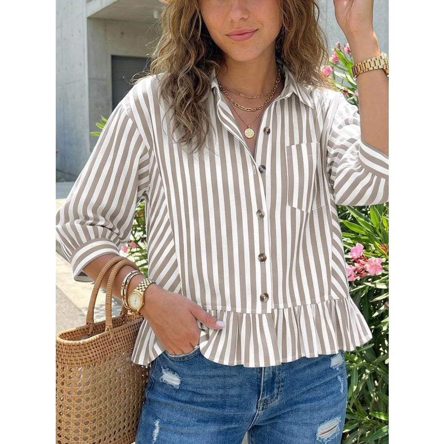 Striped Ruffle Hem Button-Down Shirt Apparel and Accessories