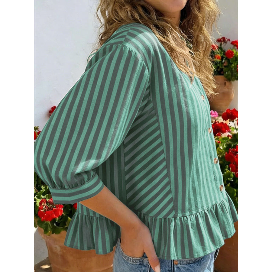 Striped Ruffle Hem Button-Down Shirt Apparel and Accessories