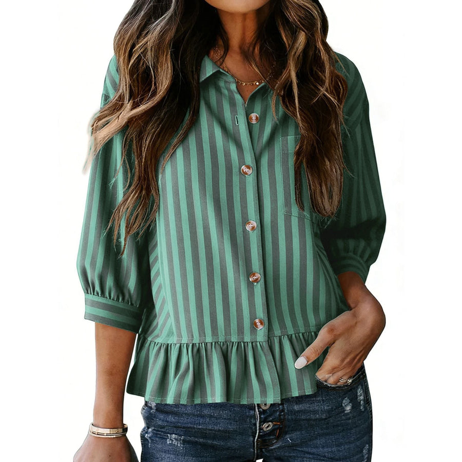 Striped Ruffle Hem Button-Down Shirt Dark Green / S Apparel and Accessories
