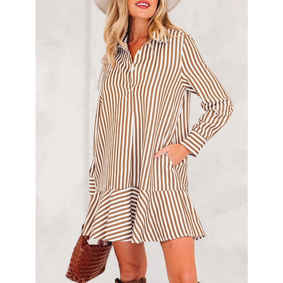 Striped Ruffle Hem Shirt Dress Khaki / S Apparel and Accessories