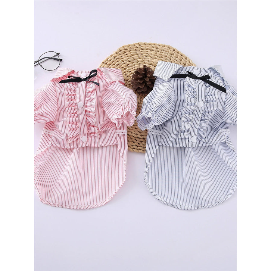 Striped Ruffle Pet Top with Bow Pink / S Apparel and Accessories