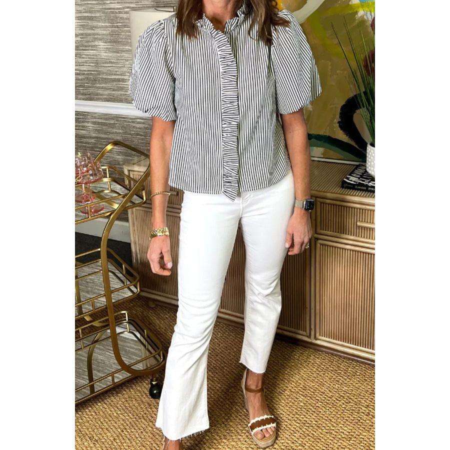 Striped Ruffle Short Bubble Sleeve Shirt Apparel and Accessories