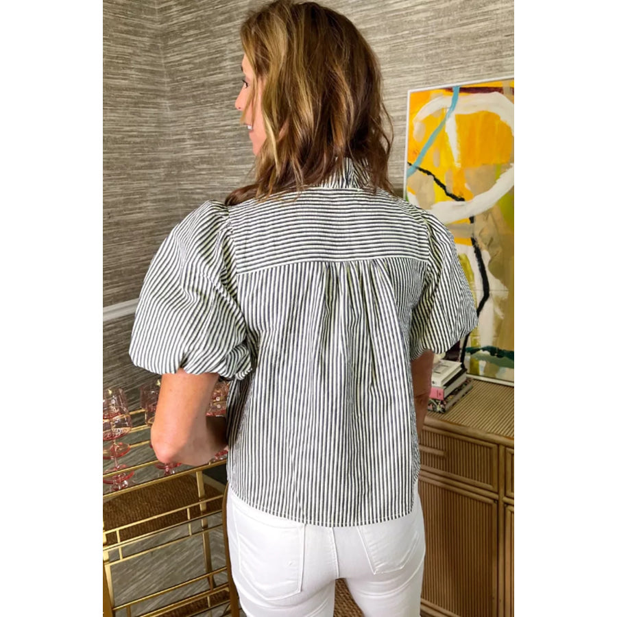 Striped Ruffle Short Bubble Sleeve Shirt Apparel and Accessories