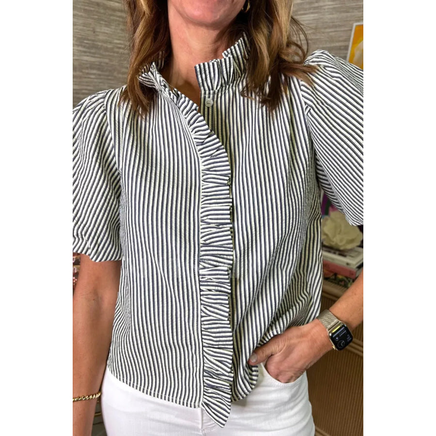 Striped Ruffle Short Bubble Sleeve Shirt Apparel and Accessories