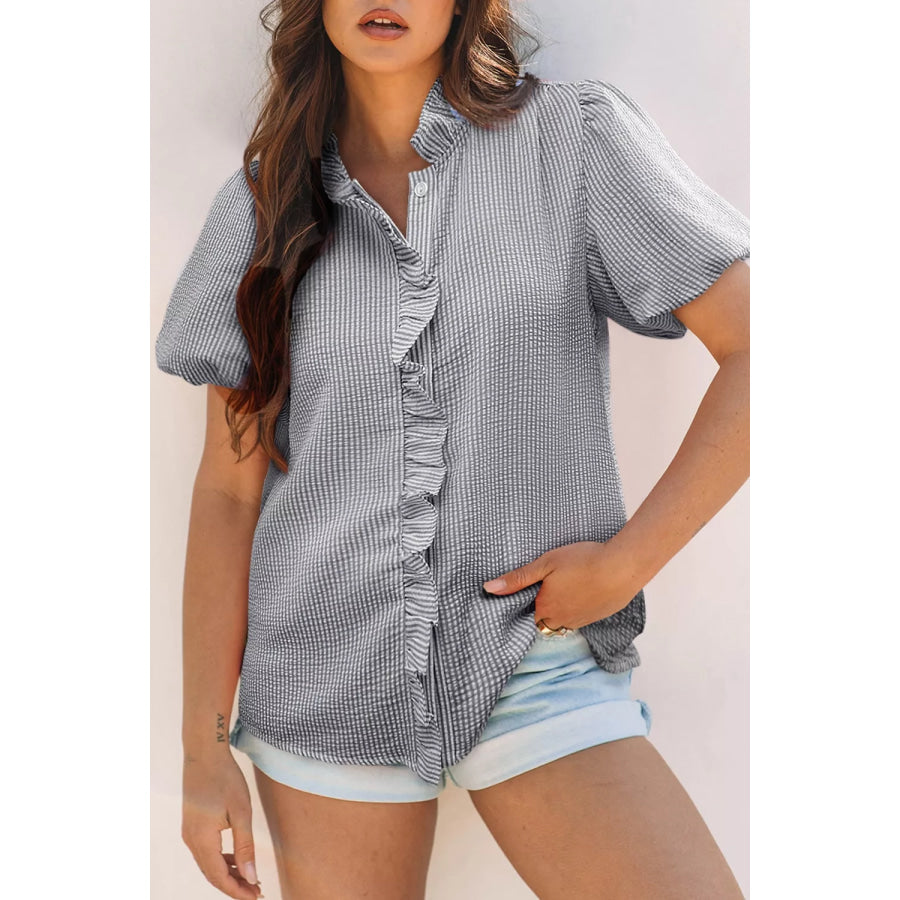 Striped Ruffle Short Bubble Sleeve Shirt Black / S Apparel and Accessories