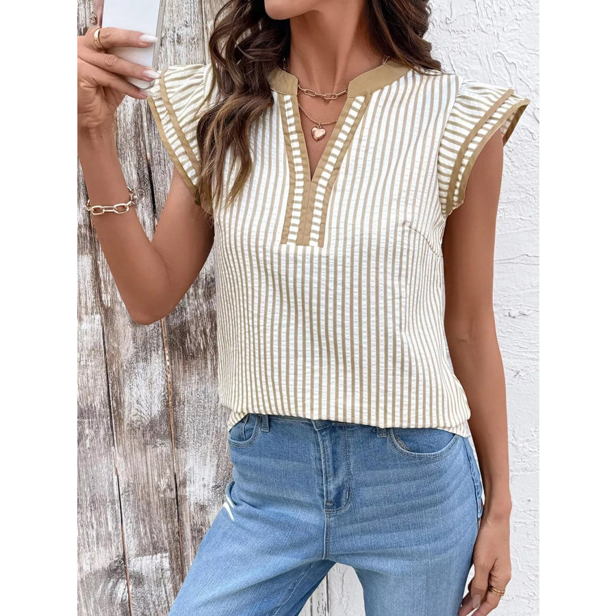 Striped Ruffle Sleeve Blouse Apricot / S Apparel and Accessories