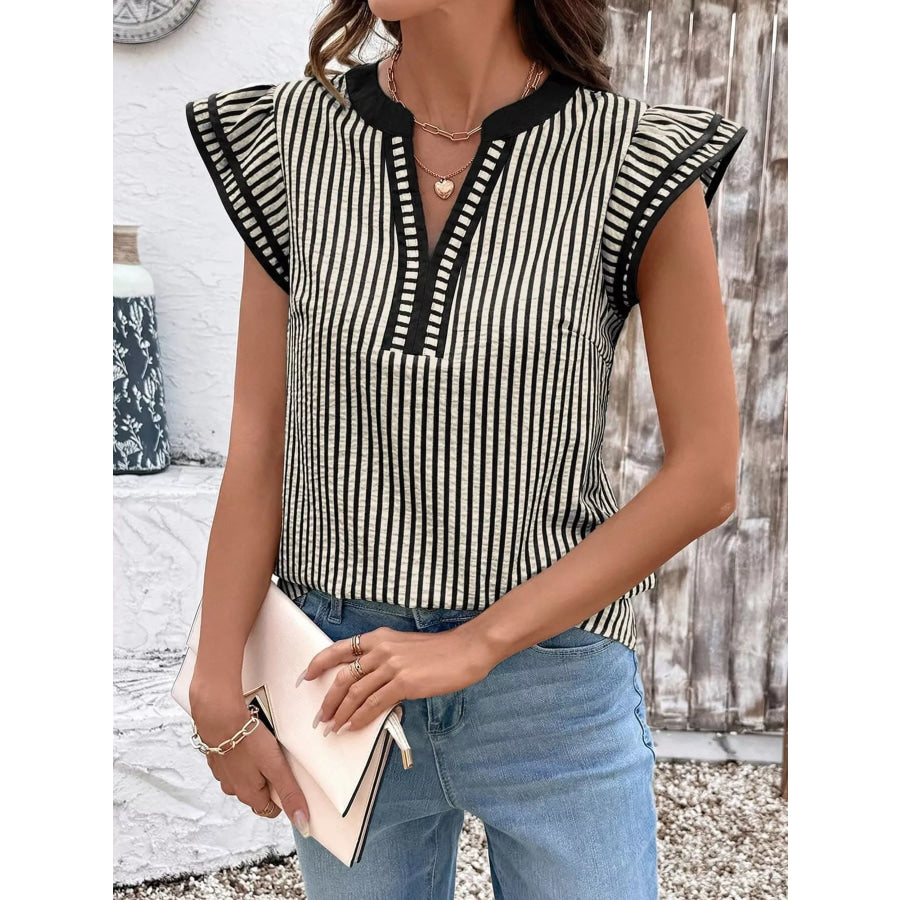 Striped Ruffle Sleeve Blouse Black / S Apparel and Accessories