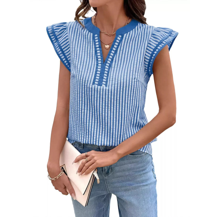 Striped Ruffle Sleeve Blouse Blue / S Apparel and Accessories