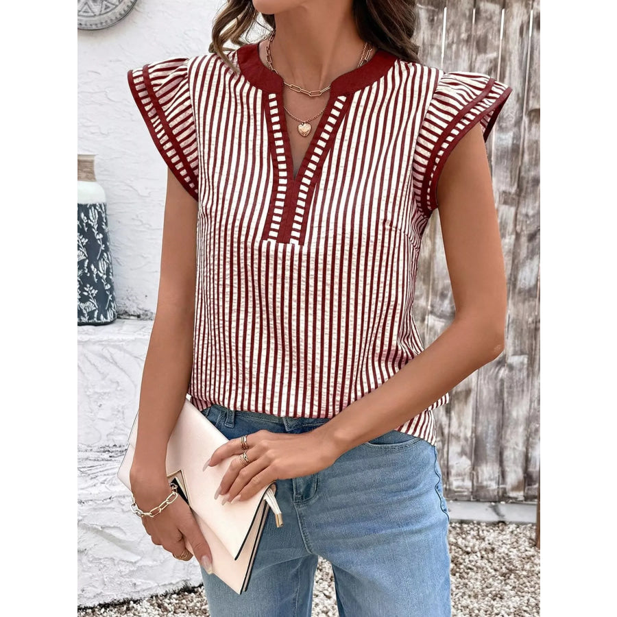 Striped Ruffle Sleeve Blouse Burgundy / S Apparel and Accessories