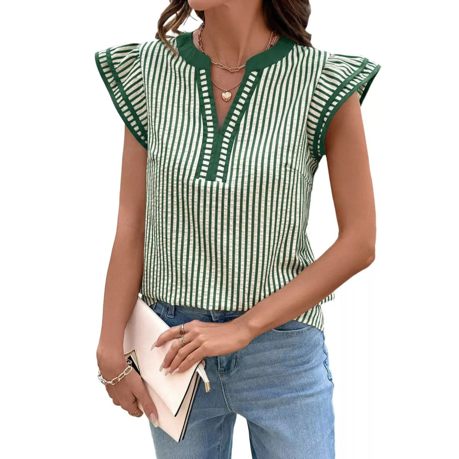 Striped Ruffle Sleeve Blouse Green / S Apparel and Accessories