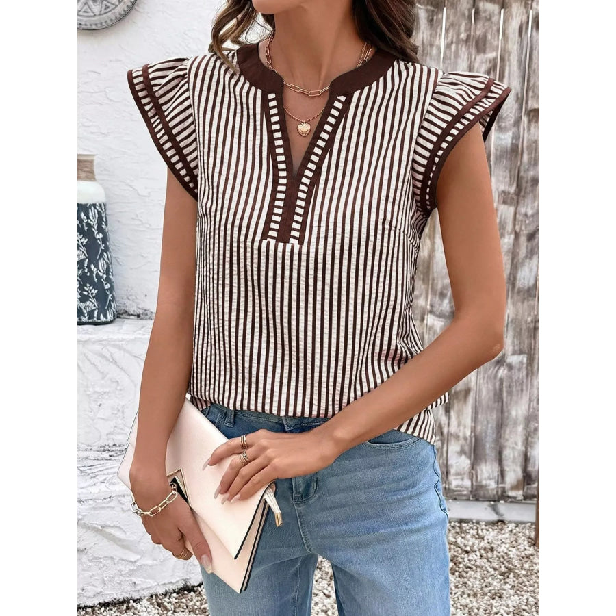Striped Ruffle Sleeve Blouse Tan / S Apparel and Accessories