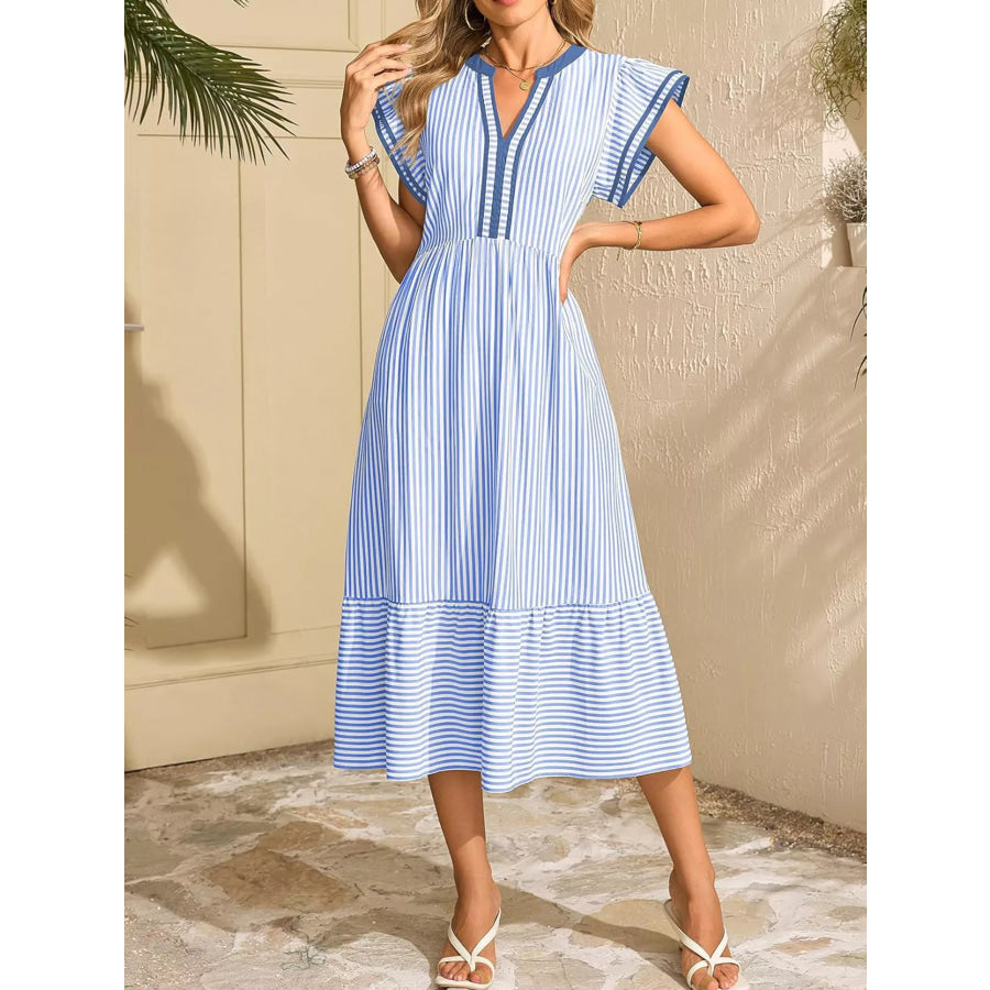 Striped Ruffle Sleeve Midi Dress Apparel and Accessories