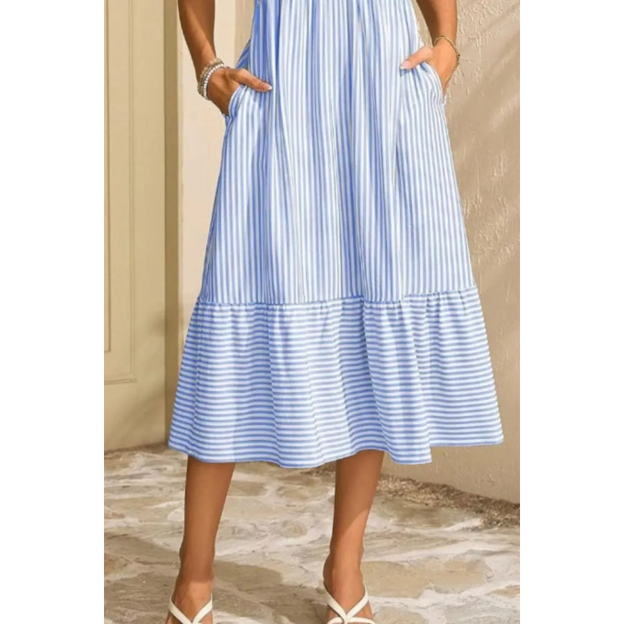 Striped Ruffle Sleeve Midi Dress Apparel and Accessories