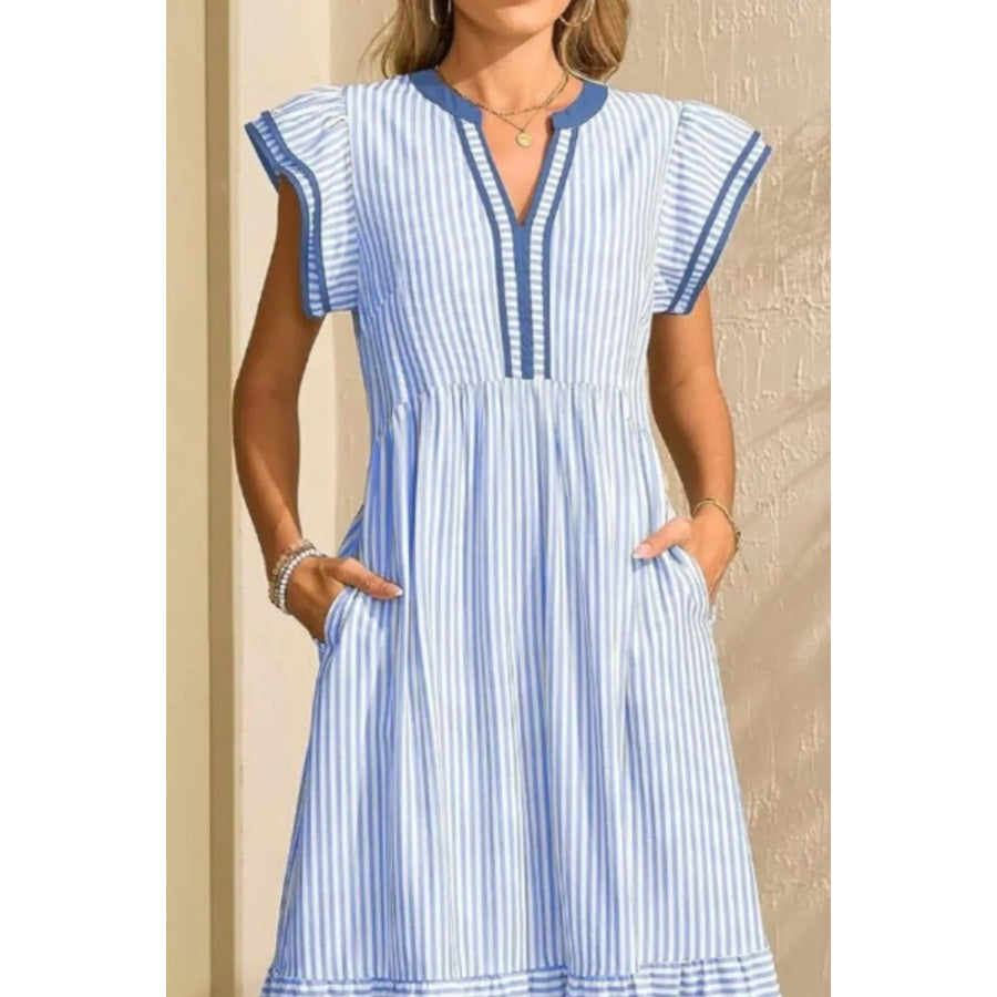 Striped Ruffle Sleeve Midi Dress Apparel and Accessories