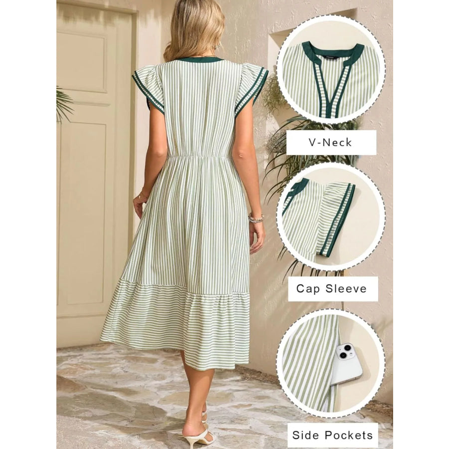 Striped Ruffle Sleeve Midi Dress Apparel and Accessories