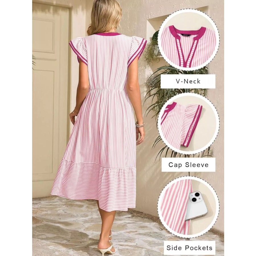 Striped Ruffle Sleeve Midi Dress Apparel and Accessories