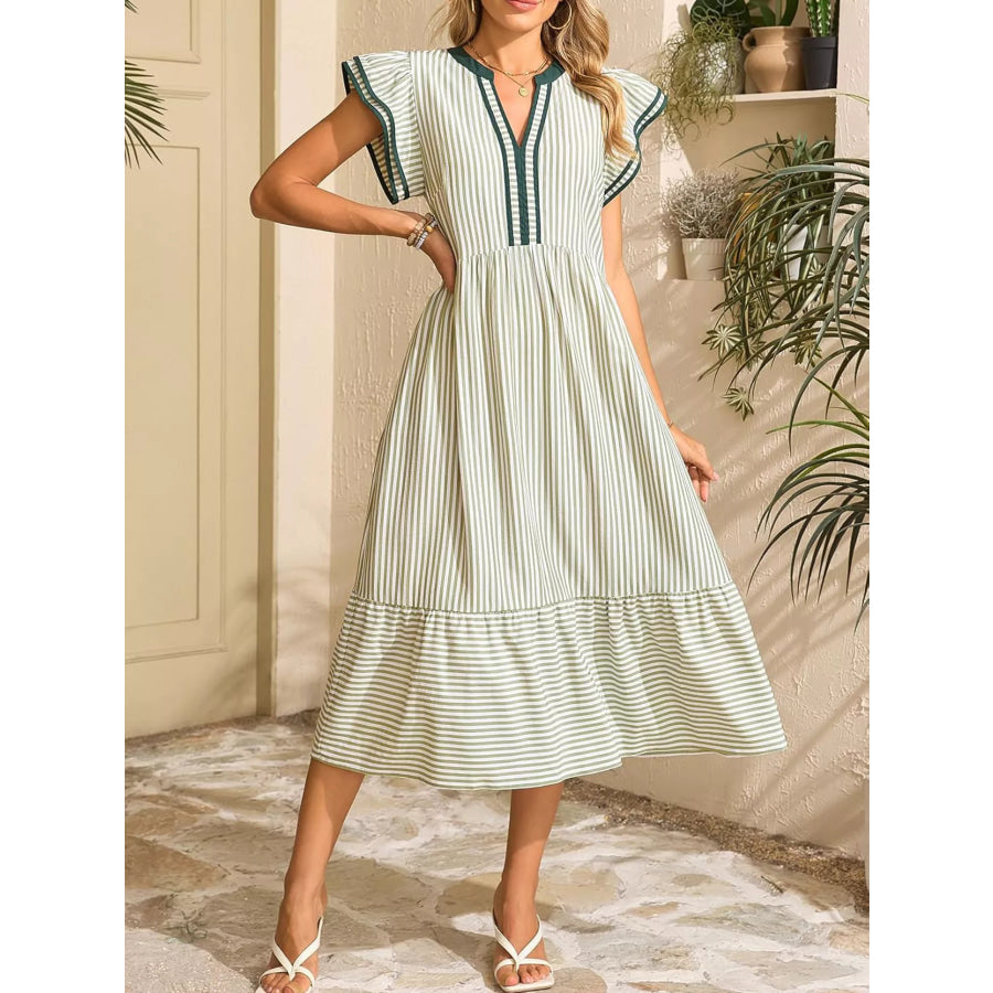 Striped Ruffle Sleeve Midi Dress Apparel and Accessories