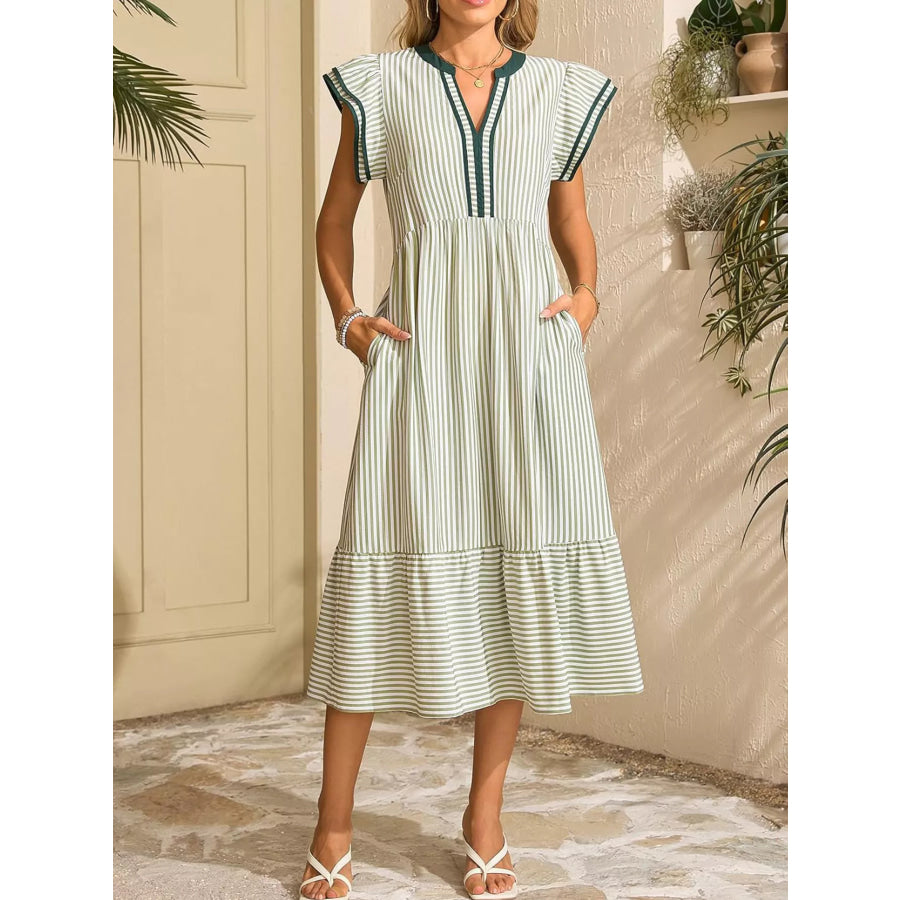 Striped Ruffle Sleeve Midi Dress Apparel and Accessories